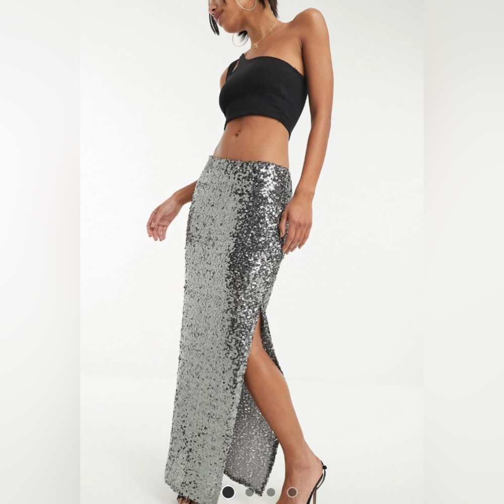 ASOS Design sequin maxi skirt with slits in dark silver